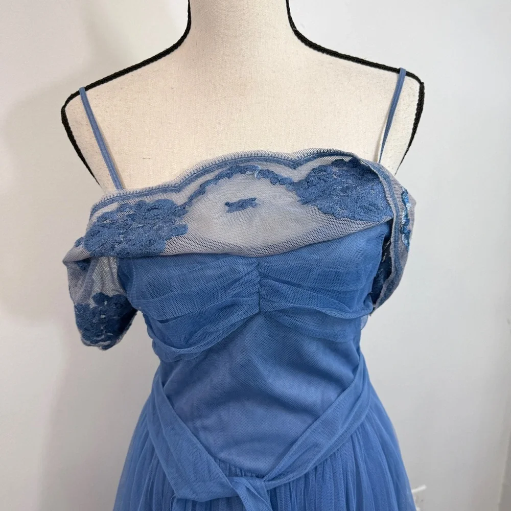 LoveShackFancy Avianna Dusty Blue Embroidered Tulle Maxi Dress
